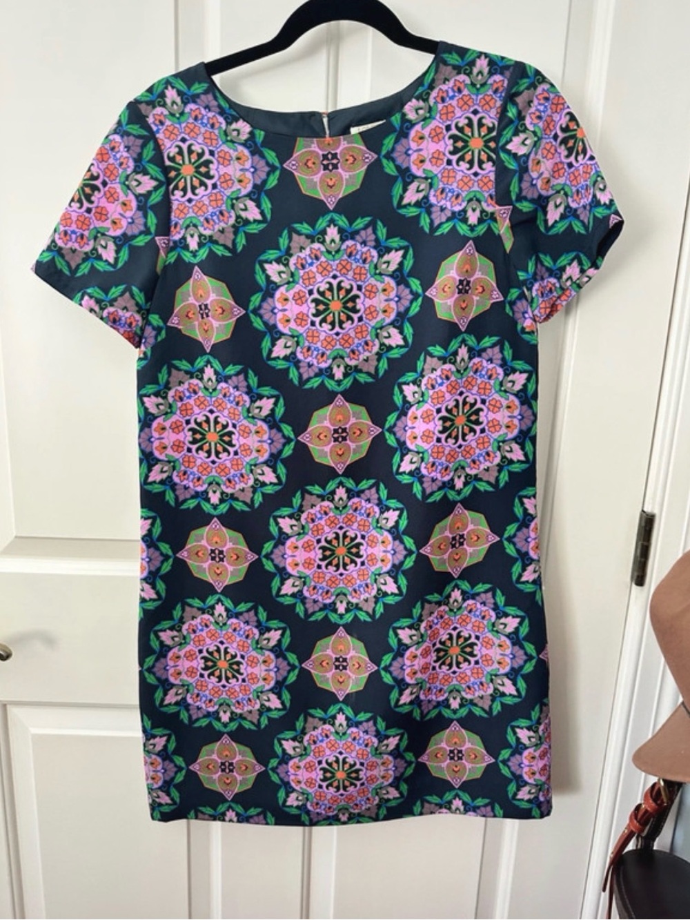 J. Crew Navy Shift Dress with Pink & Green Medallions
